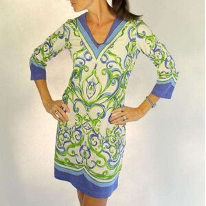 Barbara Gerwitt Dress Womens Size Medium Blue Green Beach Shell V Neck Tunic